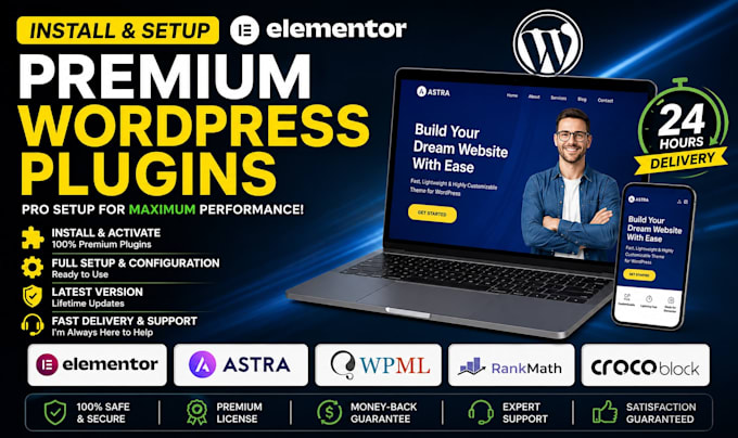 install premium wordpress plugins elementor, astra, wpml, rank math, crocoblock
