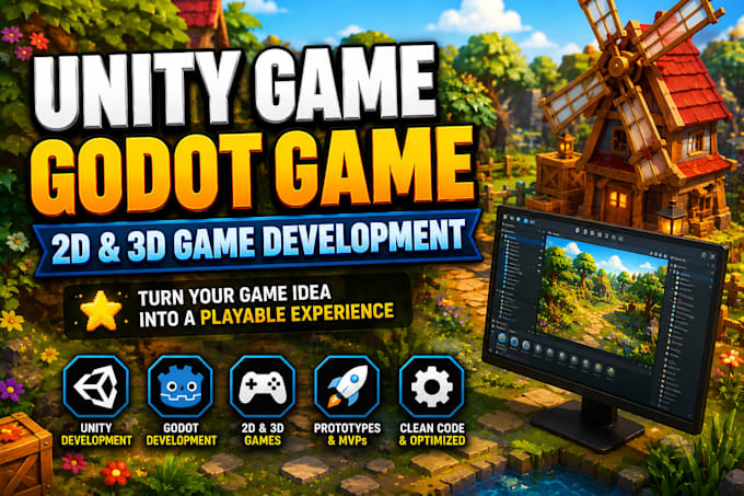 develop 2d 3d godot game, unity game, unity game development
