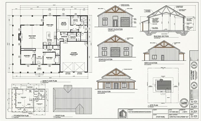 custom barndominium floor plans, construction plans, and city permit sets