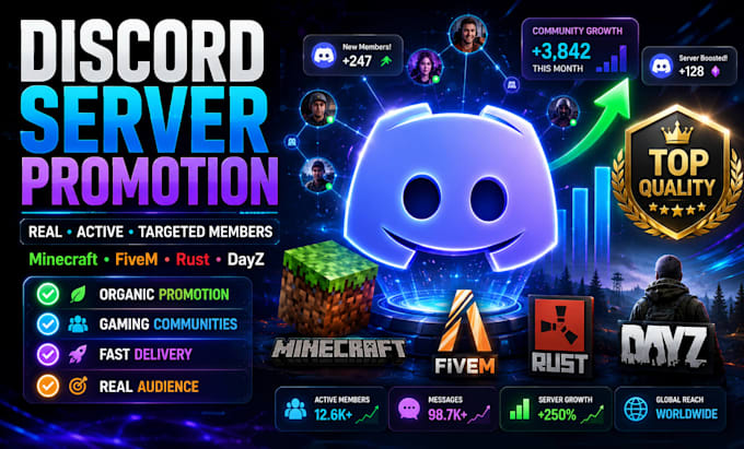 discord server promotion, minecraft, fivem, rust, dayz gaming server promotion