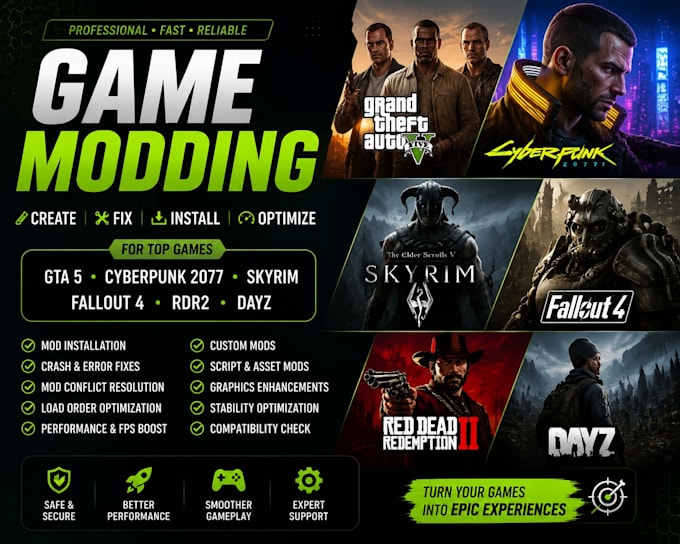 create fix install optimize gta 5 cyberpunk 2077 skyrim fallout 4 mods dayz mod