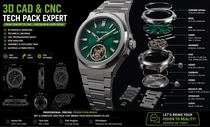 create 3d cad modeling for luxury wristwatch with cnc single prototyping dfm
