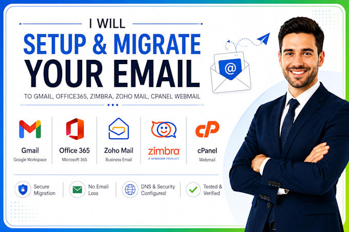 setup, migrate your email to gmail, office365, zimbra, zoho mail, cpanel webmail