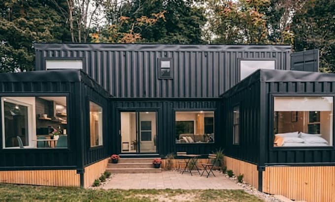 design shipping container home plans with 2d floor plan and 3d rendering