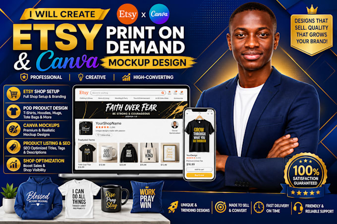 create professional etsy pod designs and canva mockups