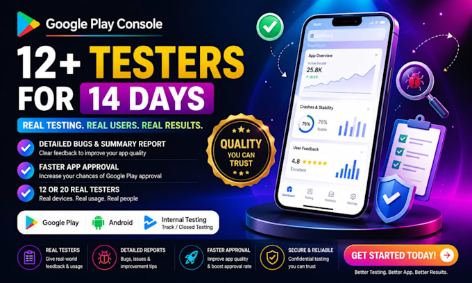provide 12 testers 20 testers closed testing mobile app testing 12 testers