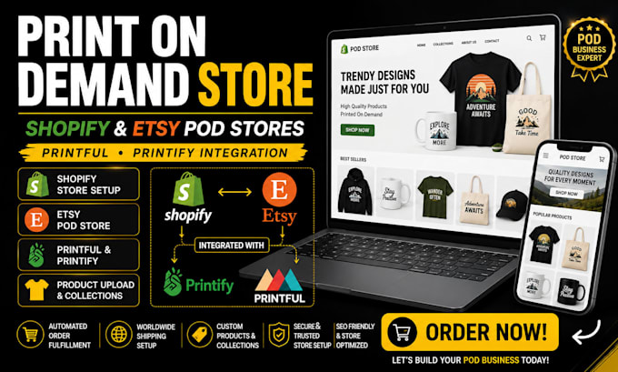 setup print on demand shopify store etsy pod store with printful printify