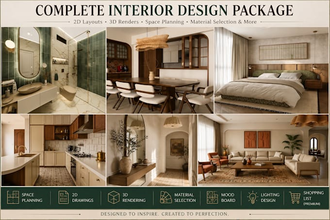 create complete interior design with 2d plans and 3d renders