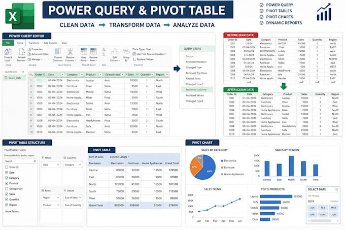 create advanced excel formulas, pivot tables and power query