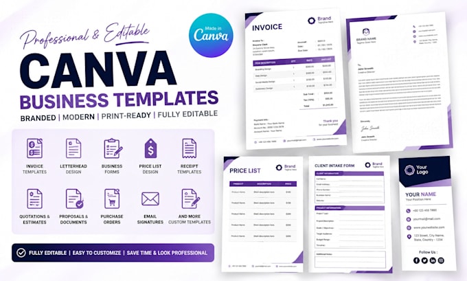 design editable canva invoice templates, letterheads, business forms, pricelists