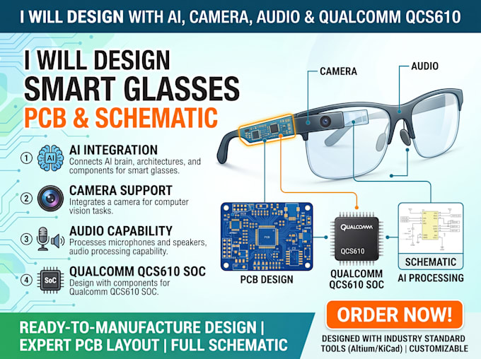 design smart glasses pcb and schematic with ai, camera, audio, qualcomm qcs610