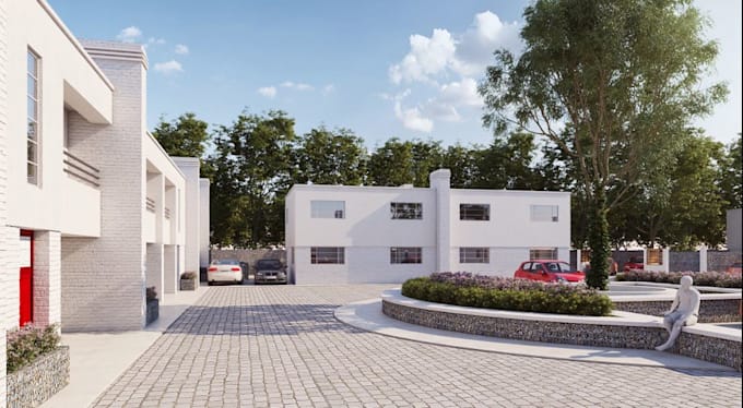 convert sketch to 3d house, cgi townhome complex, white brick, gated community