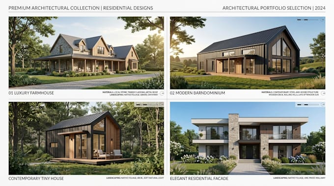 do 3d farmhouse, barndominium, tiny house, facade rendering
