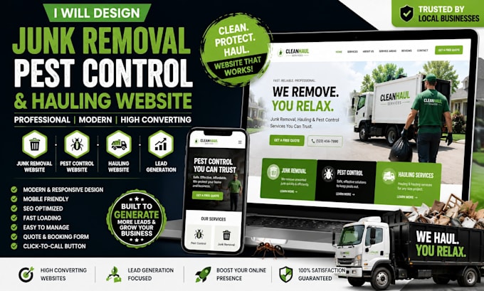 design junk removal website, junk removal, pest control website, hauling website