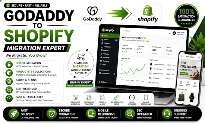 migrate godaddy website to shopify, transfer, redesign and optimize store