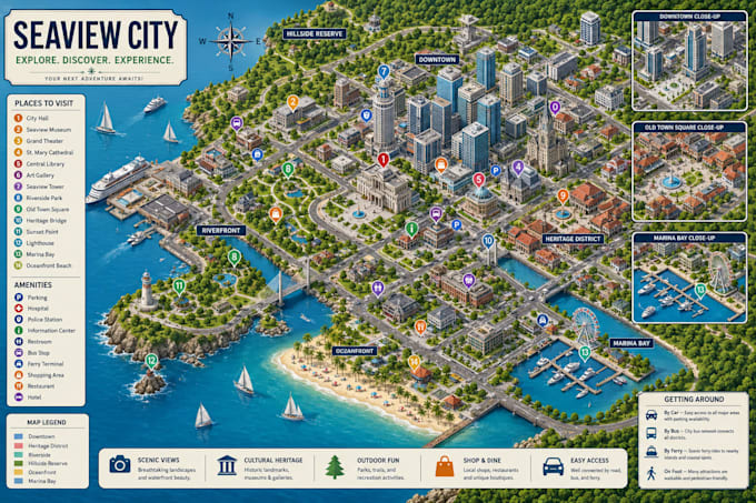 create a custom 3d isometric city map, tourist map, and location illustration