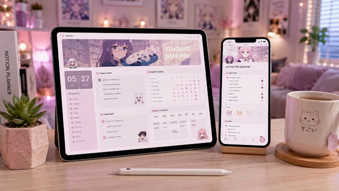 provide aesthetic anime notion templates bundle for productivity
