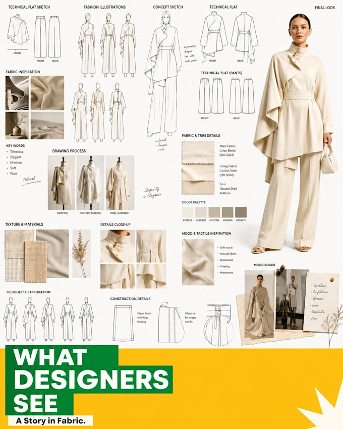 create a factory ready suit tech pack with technical flat sketches