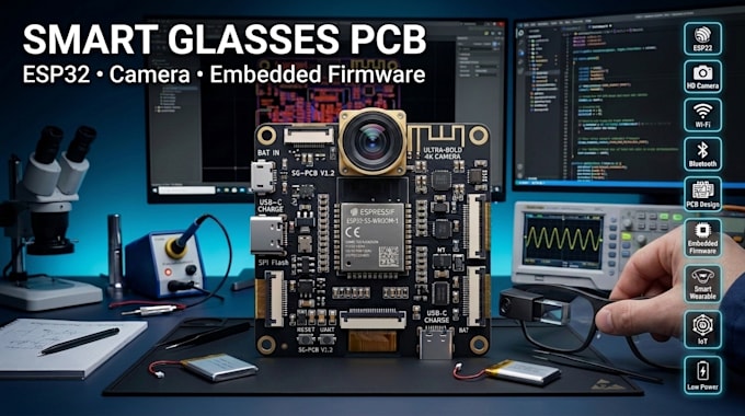 develop pcb and embedded system for wearable smart glasses with camera and esp32