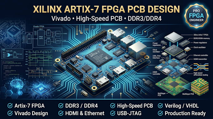 design xilinx artix 7 fpga development board pcb with vivado and firmware