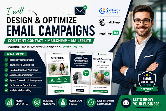 design and optimize constant contact email campaigns, mailchimp, mailerlite