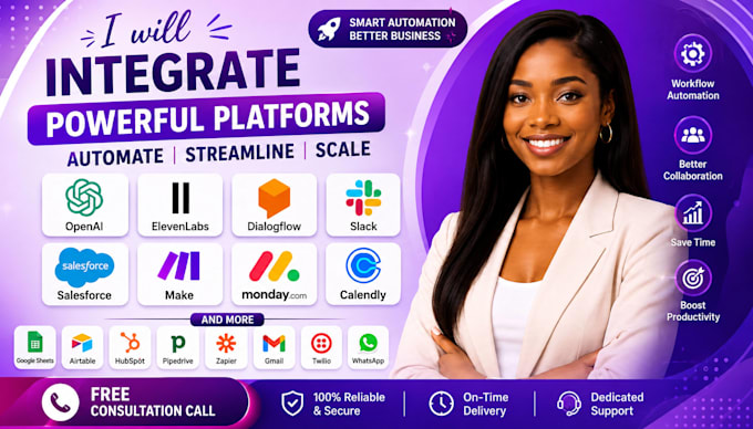 integrate openai elevenlabs dialogflow slack salesforce make monday calendly