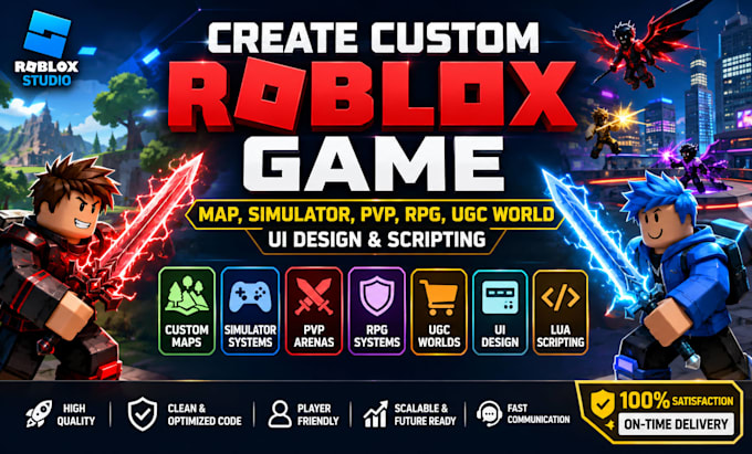 create custom roblox game, map, simulator, pvp rpg ugc word ui design scripting