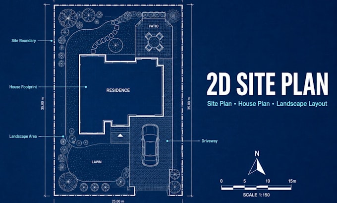 design a 2d site plan, house plan and exterior landscape layout design