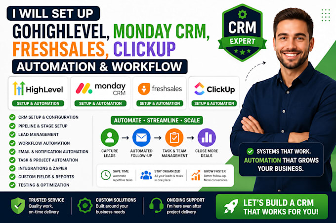 setup gohighlevel, monday CRM, freshsales, clickup automation