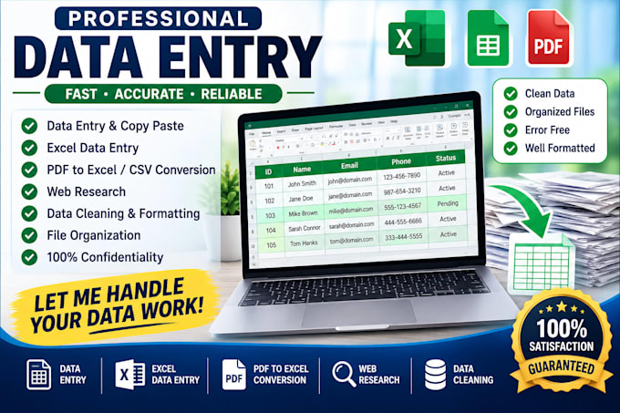 professional data entry, excel, and PDF conversion