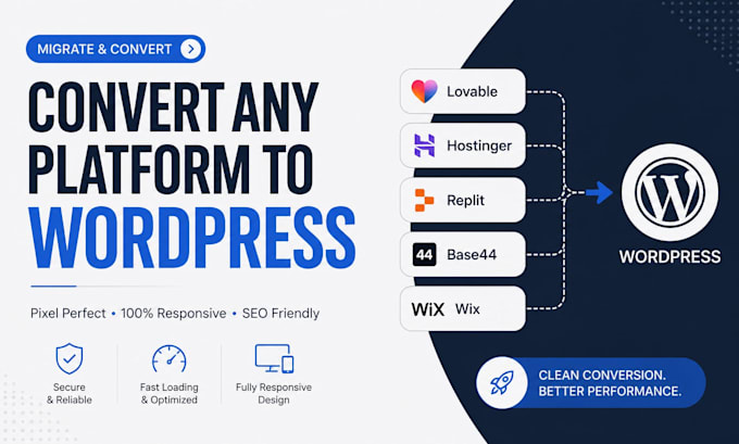 migrate, convert lovable, hostinger, replit, base44, wix to wordpress website