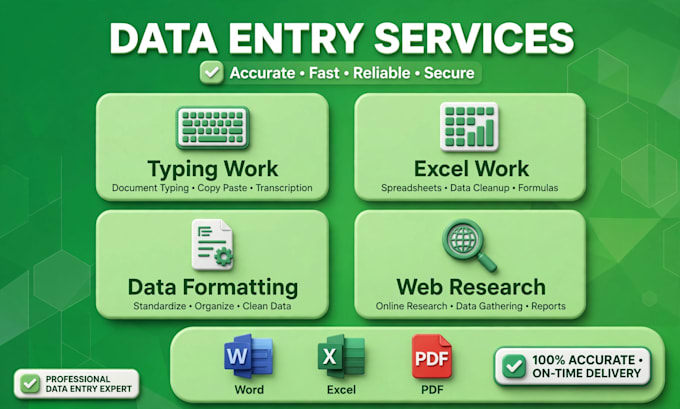 do data entry, PDF to exel, PDF to word, exel working and typing working
