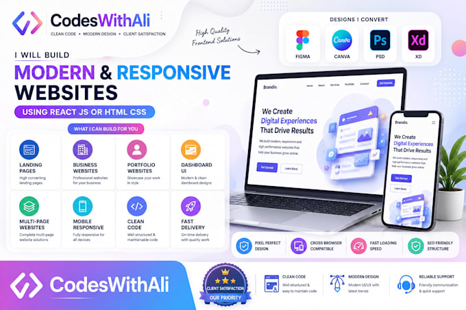 convert figma, canva, PSD or xd to responsive react, HTML website