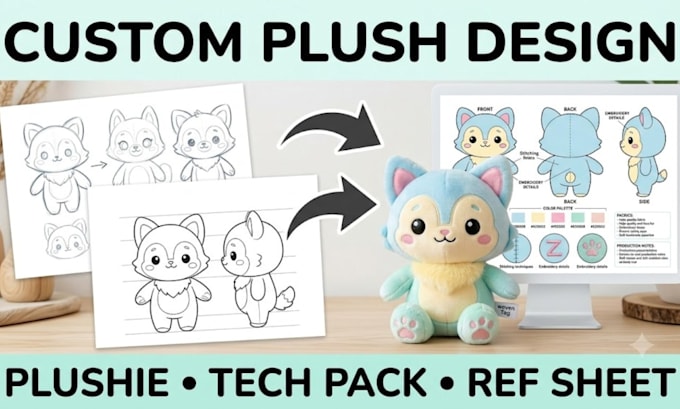 create custom plush stuffed animal plushie cute character tech pack  ref sheet