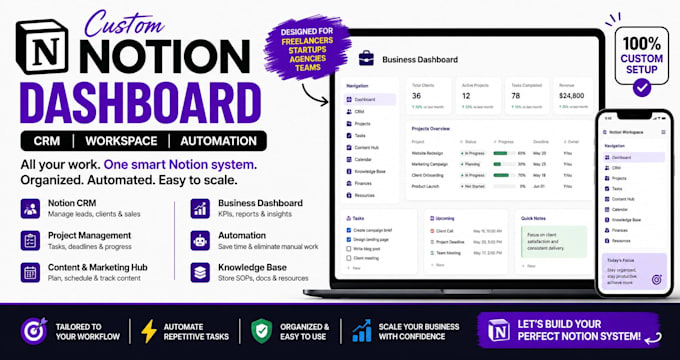 create notion dashboard CRM workspace automation and project system