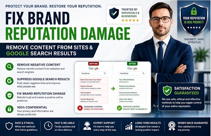 fix brand reputation damage, remove content from sites and google search result