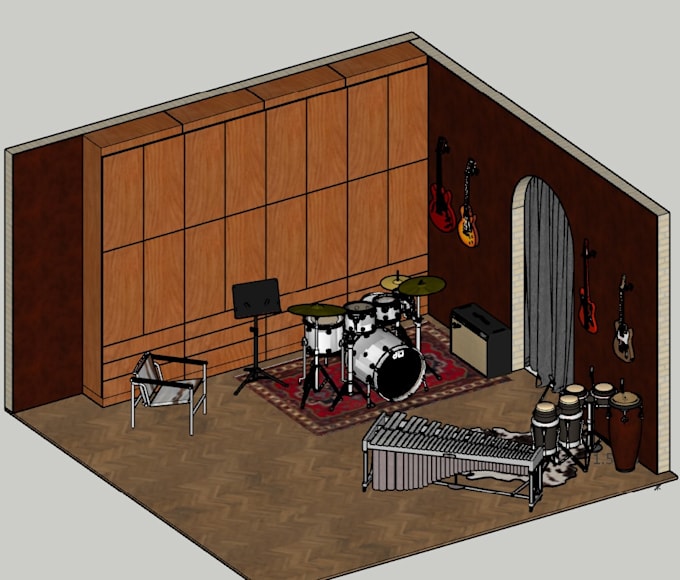 design a 3d recording studio model in sketchup