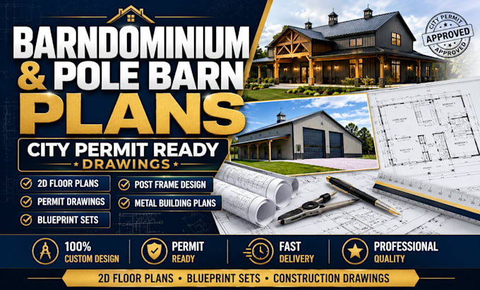 draw barndominium plan, pole barn design for city permit