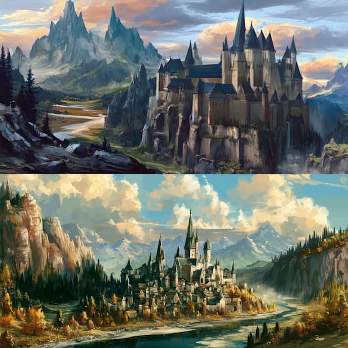 illustrate environments, landscapes, board game, concept art