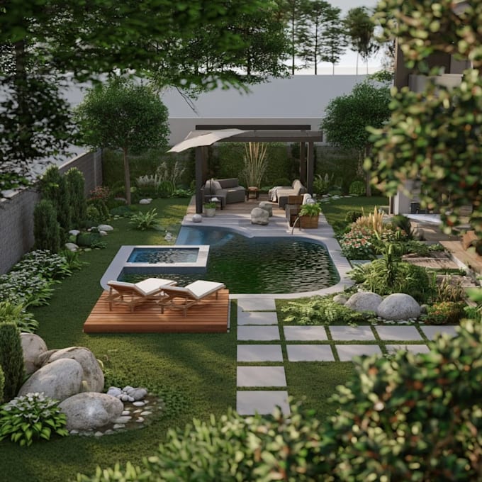 do landscape garden design, backyard, pool, patio