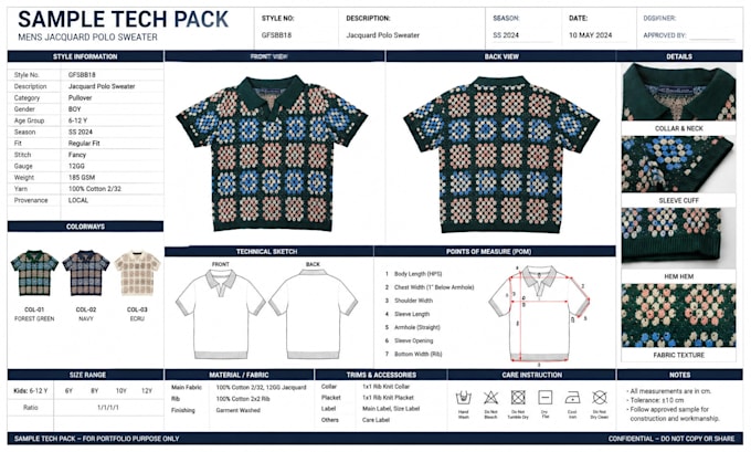 create garment spec sheets and size measurement charts