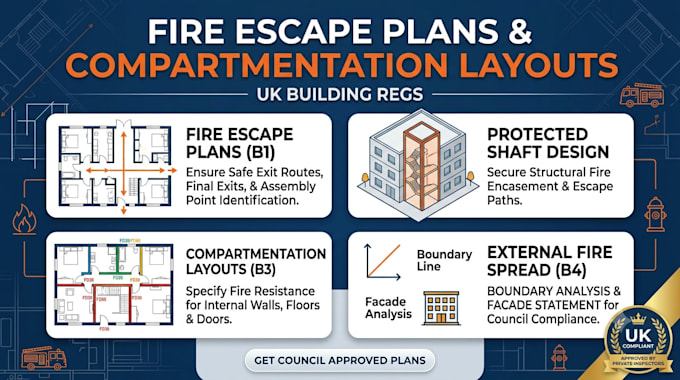 draw fire escape plans and compartmentation layouts for UK building regulations