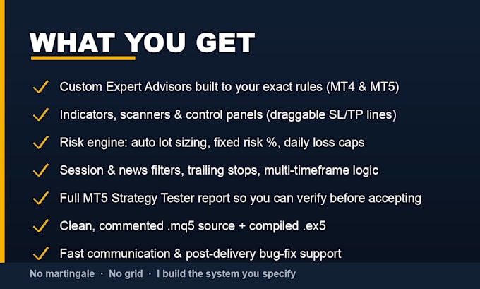 code your custom mt4 mt5 forex trading robot ea or indicator