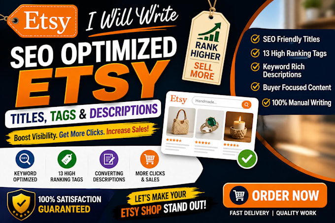 write SEO optimized etsy product titles, tags and descriptions