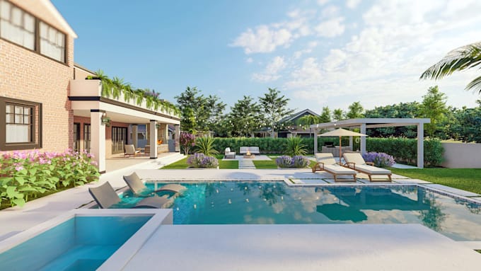 design backyard landscape, garden, pool, patio