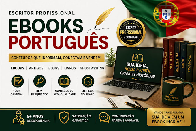write a high quality portuguese ebook, ghostwrite book or kindle ebook