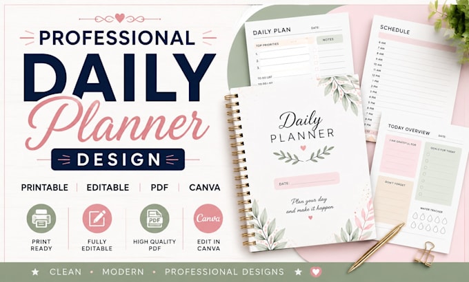 design a professional daily planner, weekly planner and printable planner