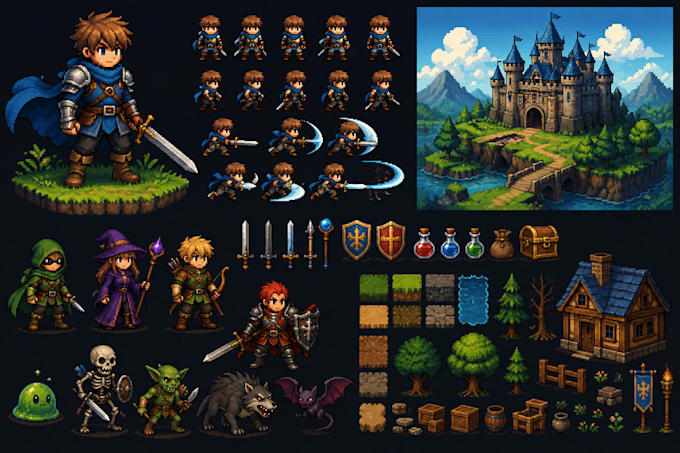 create pixel art character game sprite sheet pixel animation for indie game rpg