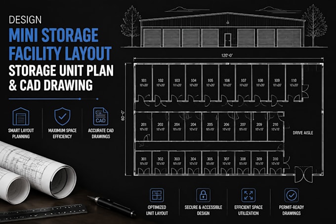 design mini storage facility layout, storage unit plan and cad drawing