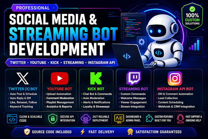 make twitter bot, youtube bot, kick bot, streaming bot, instagram api bot